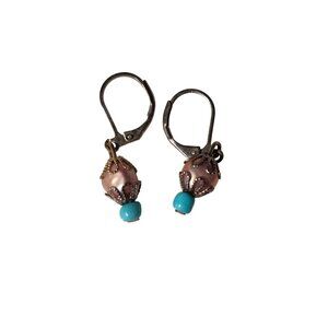 Handcrafted Turquoise & Pink Beaded Leverback Earrings With Silver-Tone Metal Ac